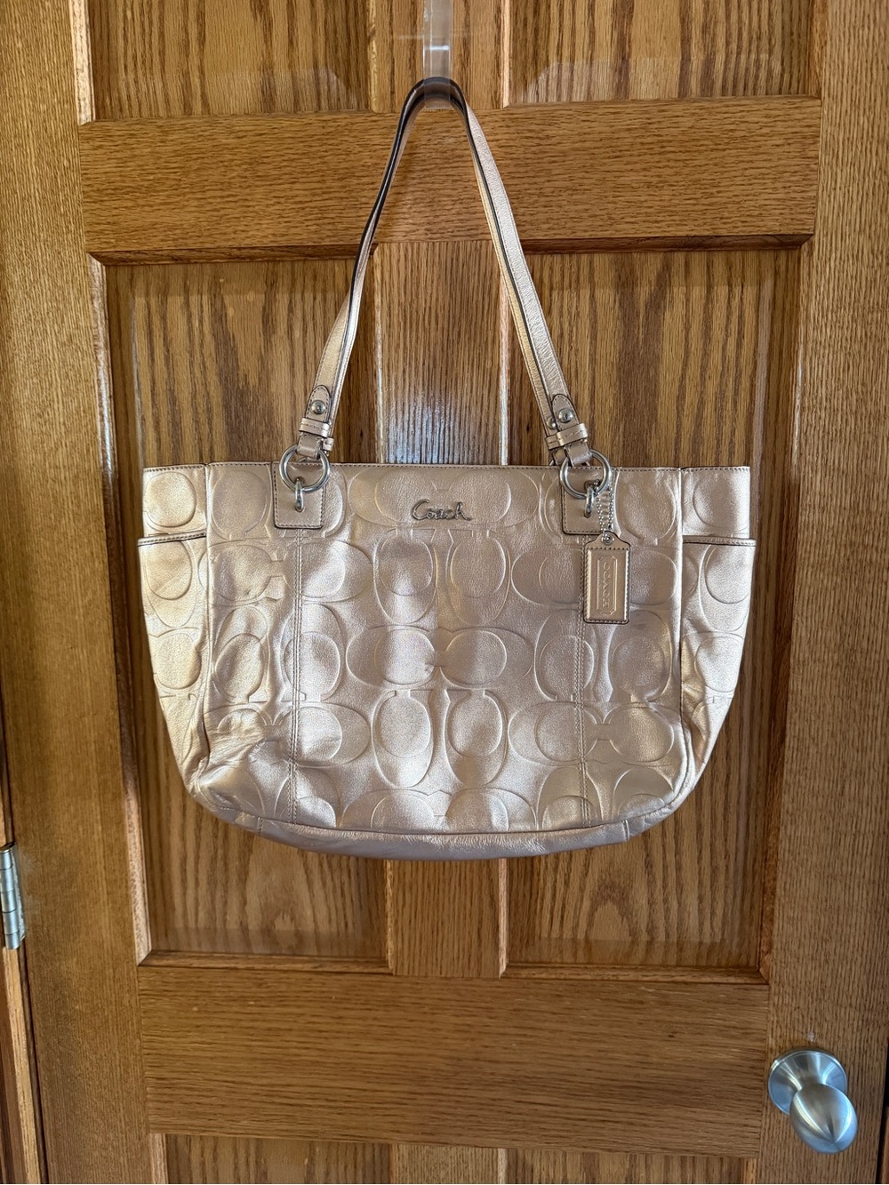Coach Metallic Gold Signature Embossed Tote w purple lining